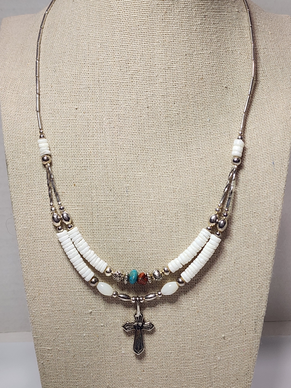 Boho White Shell Beaded Cross Necklace with Turquoise Accent